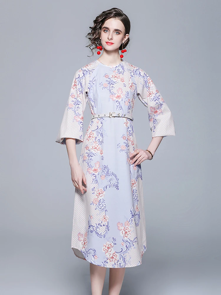 

LY VAREY LIN New Spring Autumn Women Elegant Print O-neck Puff Sleeve Dress with Belt Female Slim Casual High Waist A-line Dress