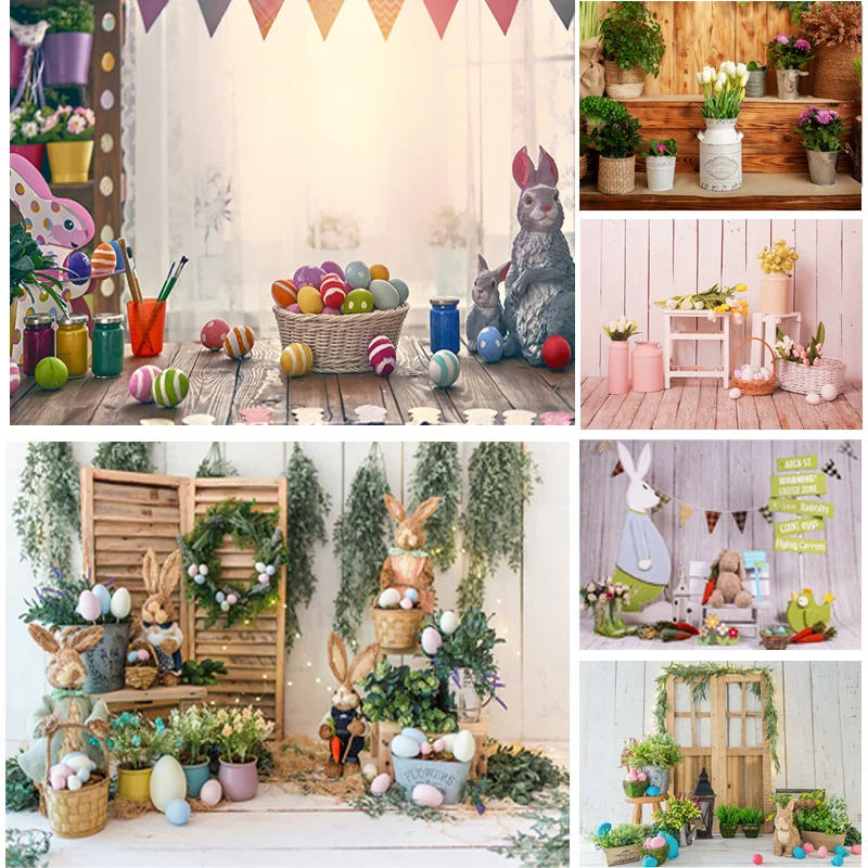 SHENGONGBAO Spring Easter Photography Backdrop Rabbit Flowers Eggs Wood Board Photo Background Studio Props FH-02