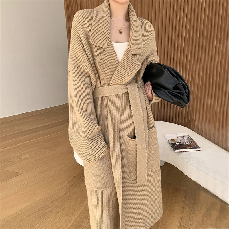 

2022 Lapel long sweater women's coat autumn and winter new lazy advanced sense soft waxy loose knit cardigan women's coat