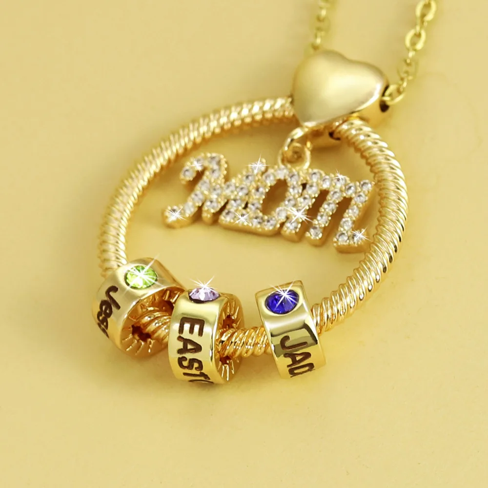 Fashion Collier Gold Plated Mom Necklace Custom Name 12 Birthstone Beads Zircon Round Pendant Women Jewelry