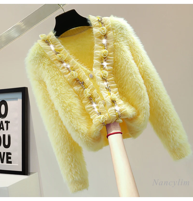 Желтый кардиган вязаный свитер из мохера с цветочным принтом весна-зима короткий