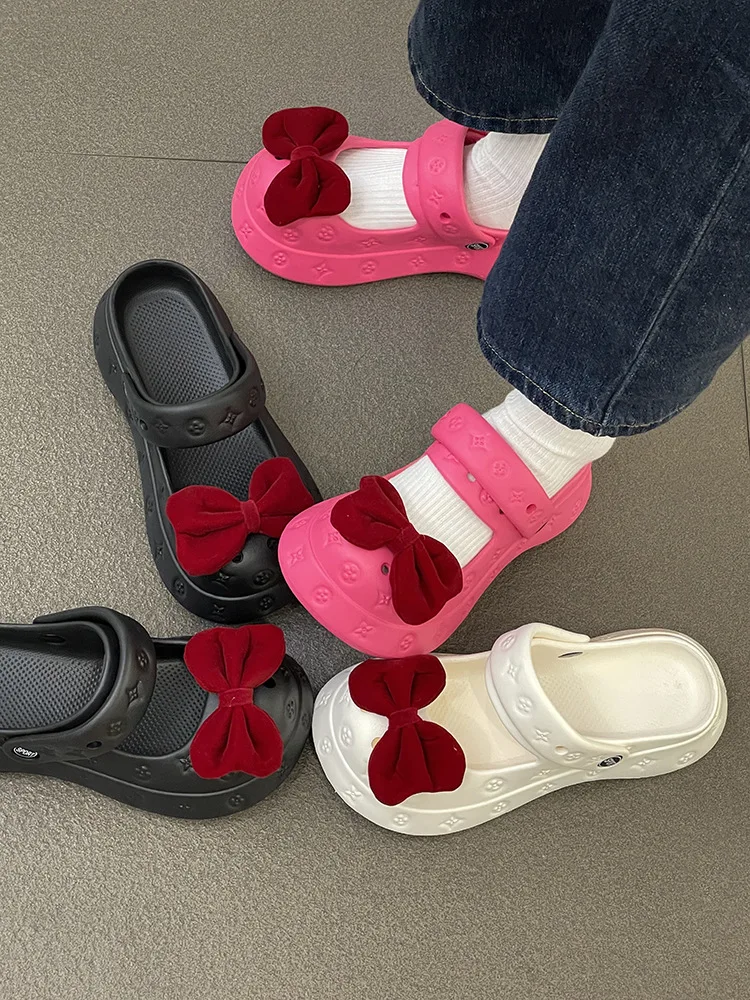 Пористая обувь с бантом 2 модели верхняя одежда полутапочки закрытым носком 02