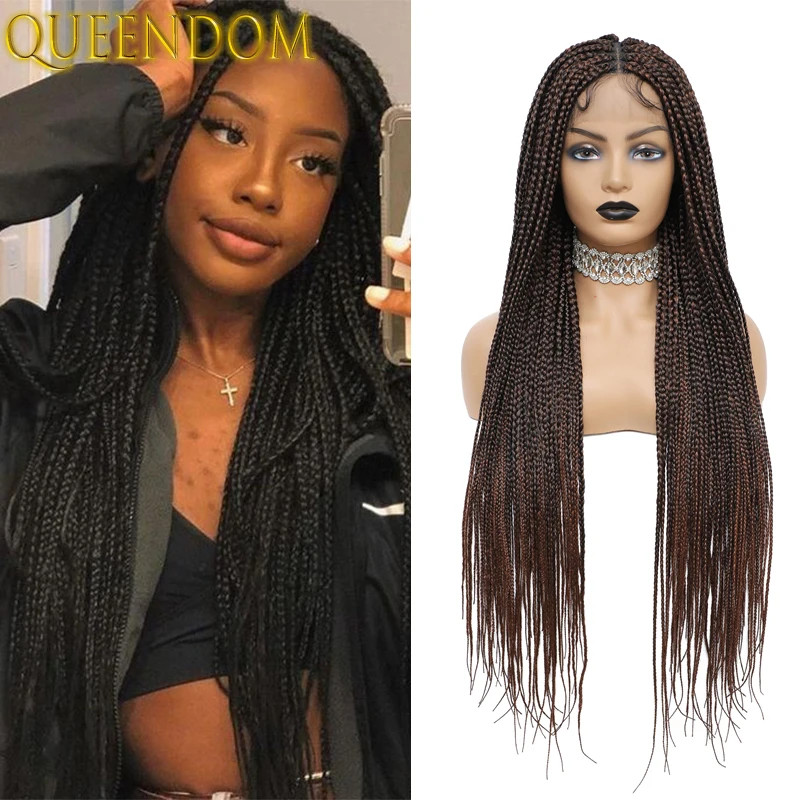 Ombre Full Lace Box Braid Wig with Baby Hairs Long Knotless Box Braids Wig Lace Front Brown Syntentic Full Lace Box Braided Wig