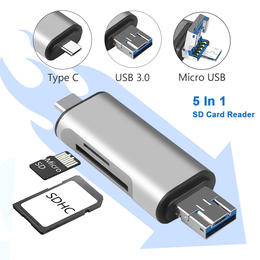 

5 In 1 SD Card Reader USB 3.0 Micro USB Type C OTG Memory Card Adapter for TF SD Micro SD SDXC SDHC for Macbook Laptop phone