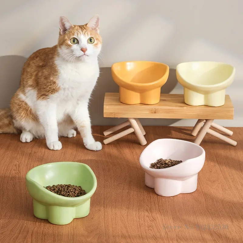 

1pcCreative Ceramic Cat Dog Bowl Oblique Opening Large Diameter High Foot Protection For Cervical Spine Food Basin Drinking Bowl
