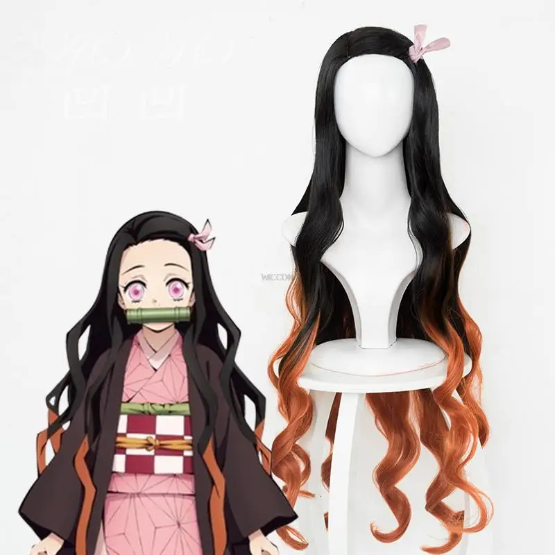 

100cm Anime Demon Slayer Kimetsu No Yaiba Kamado Nezuko Cos Hair Long Black with Orange Cosplay Costume Wigs + Wig Cap