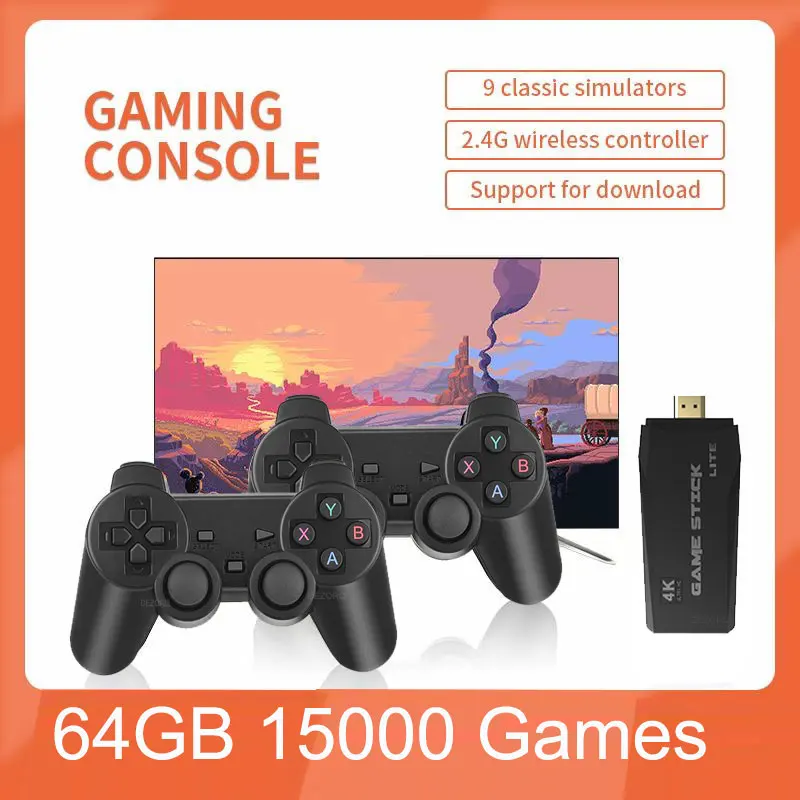 

Retro Game Console Plug N Play Video TV Game Stick 64G 15000 Games 9 Emulators Support 4K HD Output Wireless Gamepad
