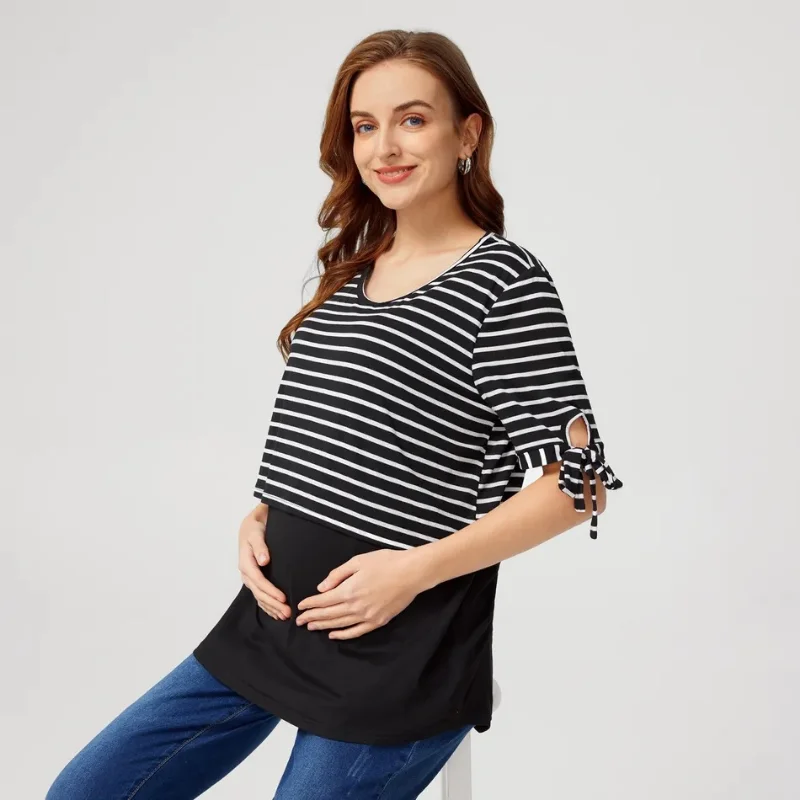 New Summer Women Nursing Tops Breastfeeding  Maternity Clothes Fashion Casual Cotton Striped Patchwork O-Neck Pregnant Clothes enlarge