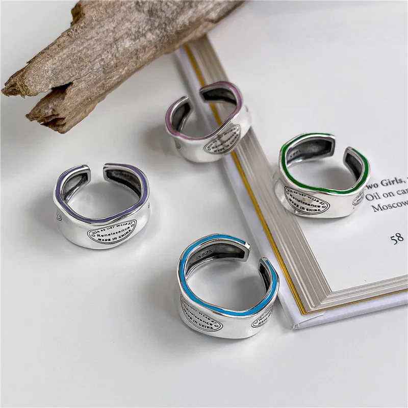 

925 Silver Korean Fashion Retro Macaroon Color Drop Glue English Ring INS Wind Fashion Color Ring