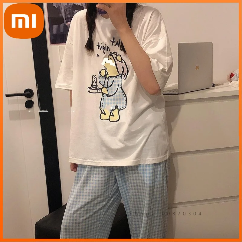 

Женская клетчатая Пижама Xiaomi, Корейская Пижама с забавным принтом медведя, летняя пижама для девочек, комплект из 2 предметов, домашняя одеж...