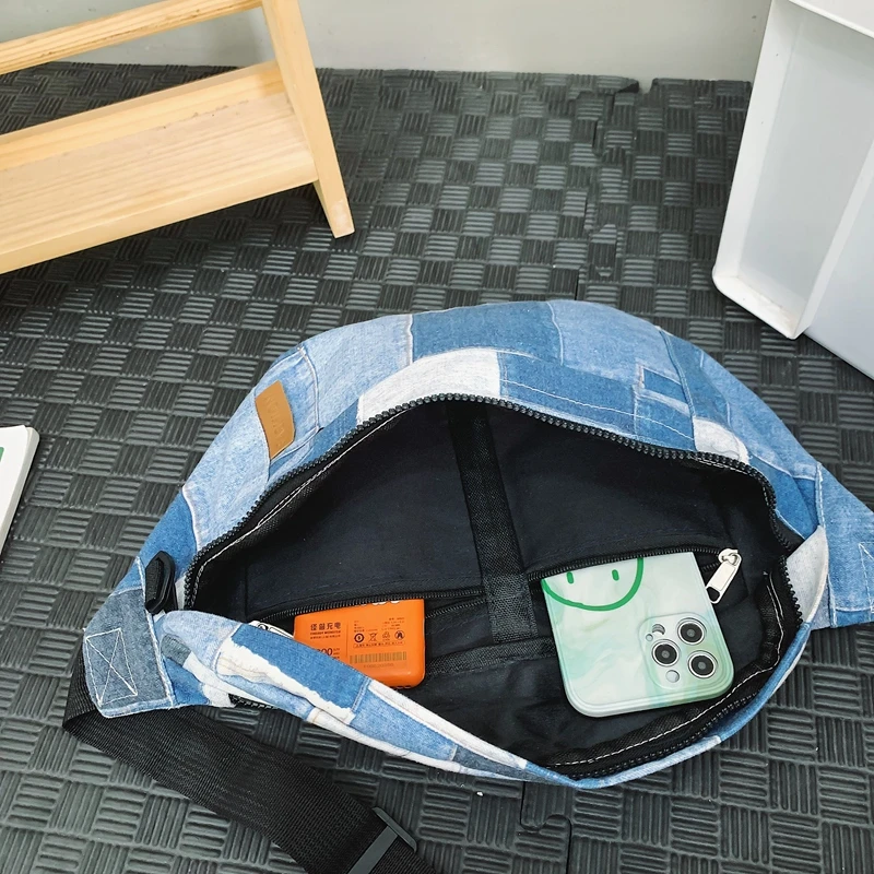 Вместительная классическая сумка для женщин большая клетчатая джинсовая