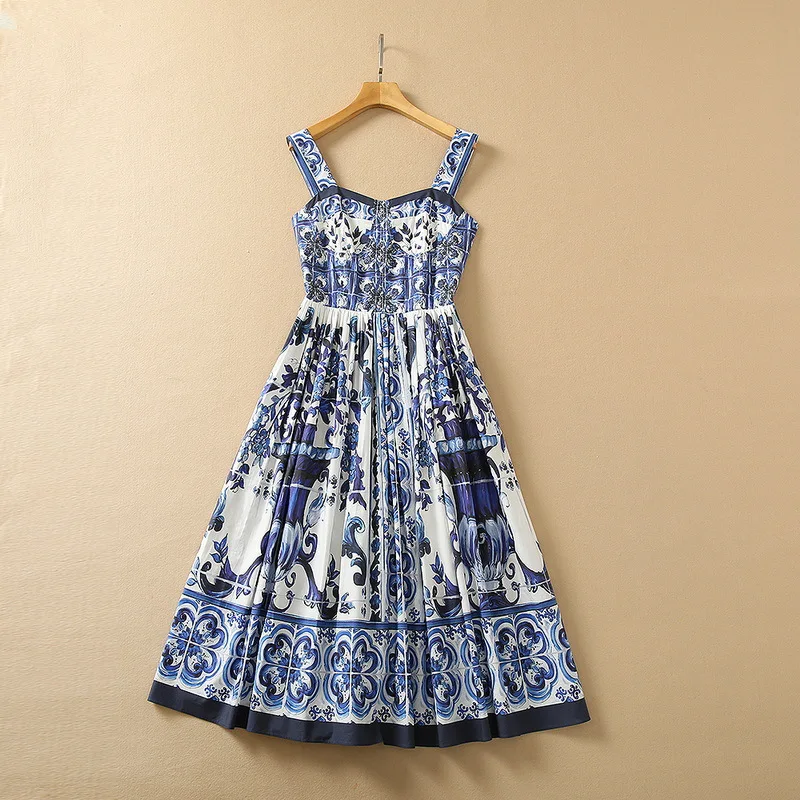 European and American women's clothes 2023 spring new sleeveless sling fashion Blue court print pleated cotton dress