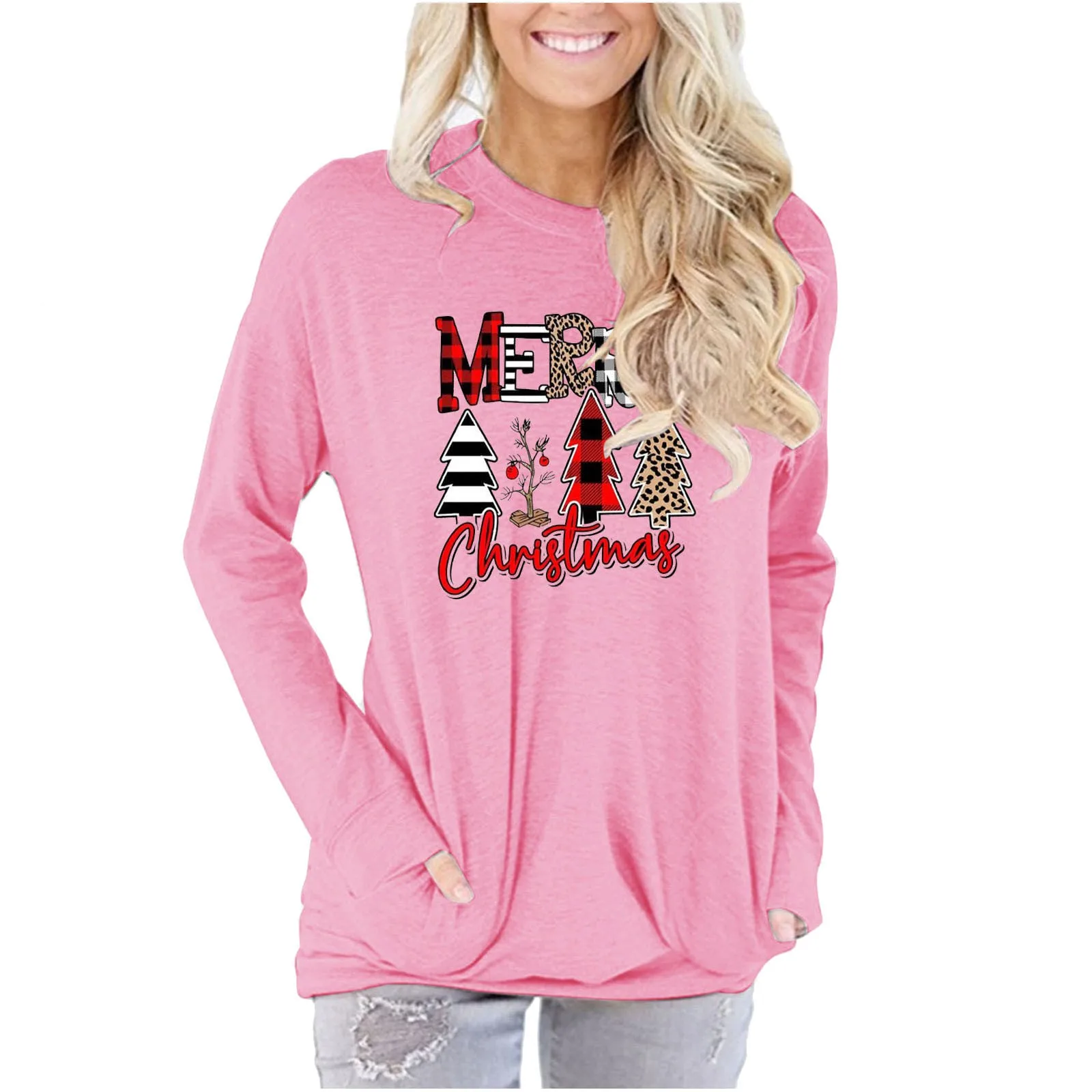 

Рубашка женская с длинным рукавом и карманами, Повседневная Туника свободного кроя, удобная блузка с круглым вырезом и принтом рождественс...