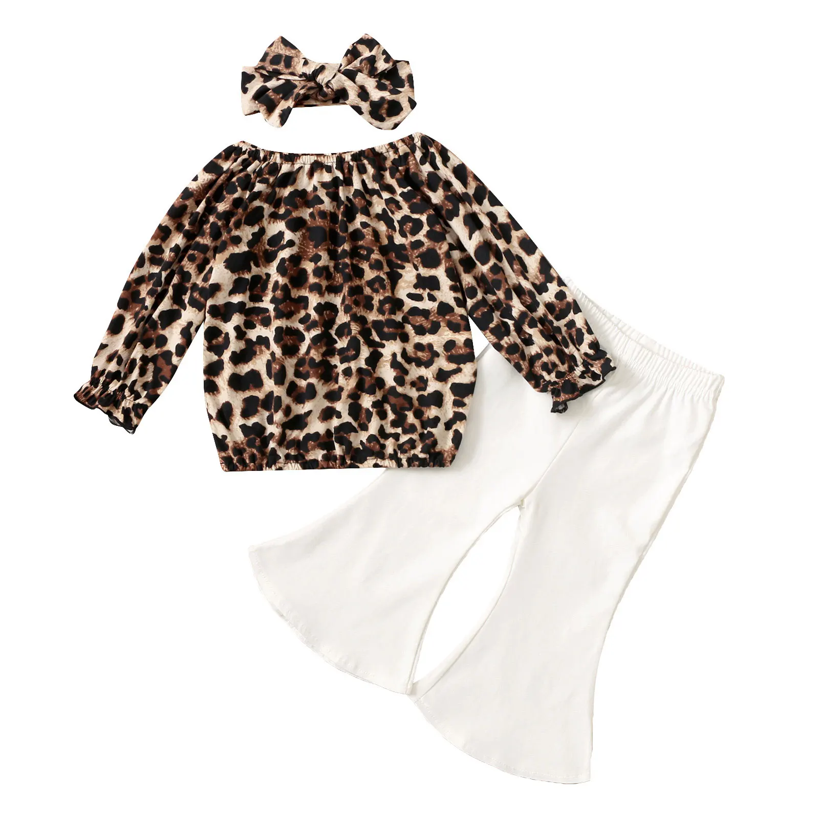 

Pudcoco 1-5Years 3Pcs Toddler Baby Girl Little Outfit Leopard Print Long Sleeve Round Collar Top Bell-bottomed Pant Headwear