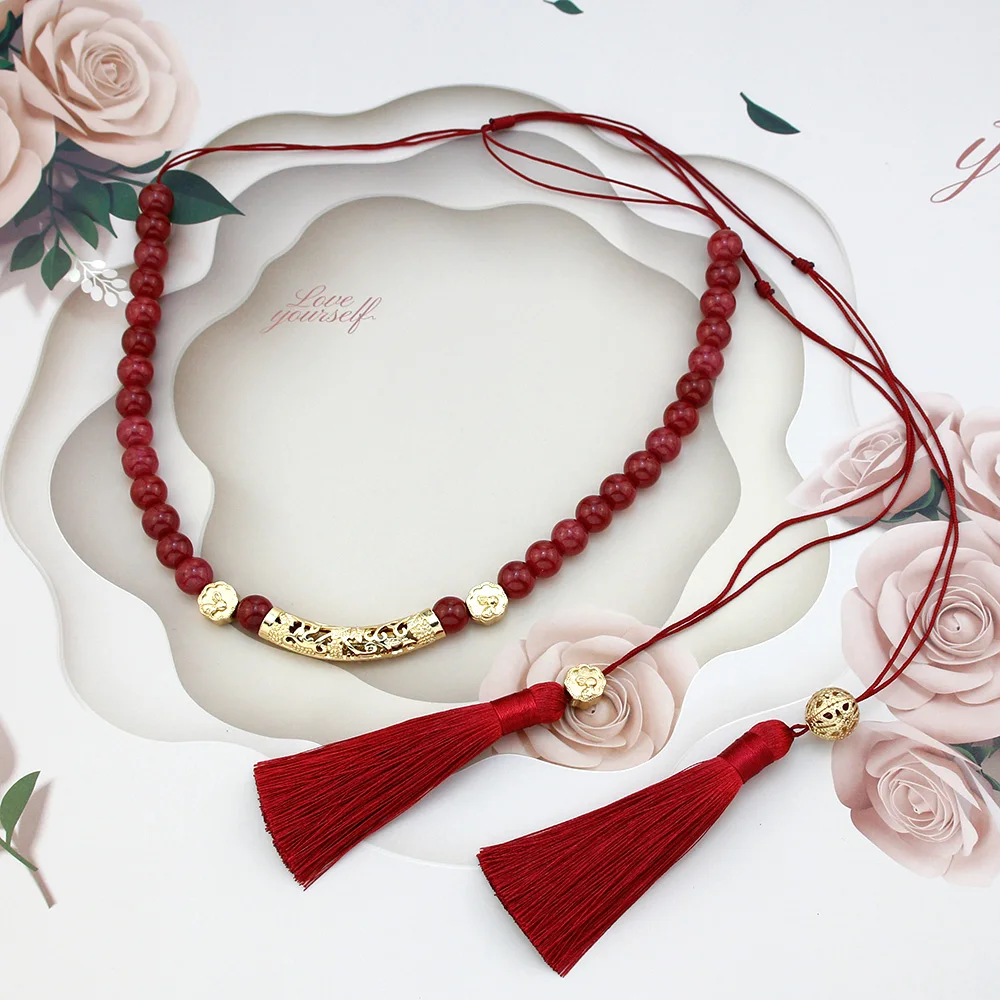 

Natural Stone Beads Neckalce Tassels Necklace Handmade Women Knitting Choker Arabic Caftan Banquet Jewelry Neck Chain Sunspicems