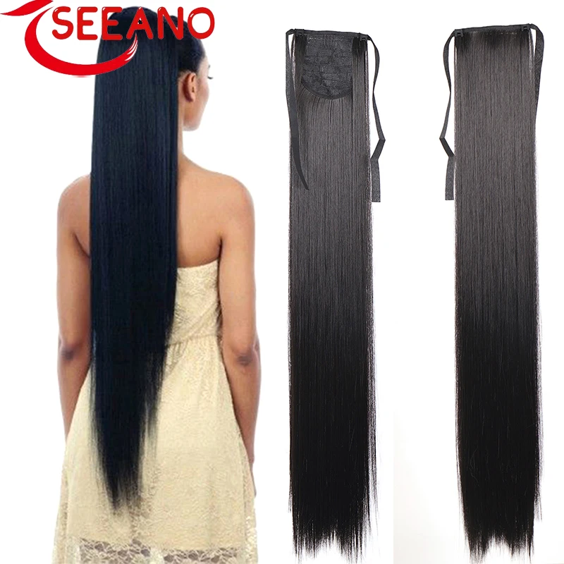 

SEEANO 85cm Synthetic Ponytail Long Straight Wine Red Black Blonde Pony Tail Hair Extensions Heat Resistant Horsetail Hairpiece