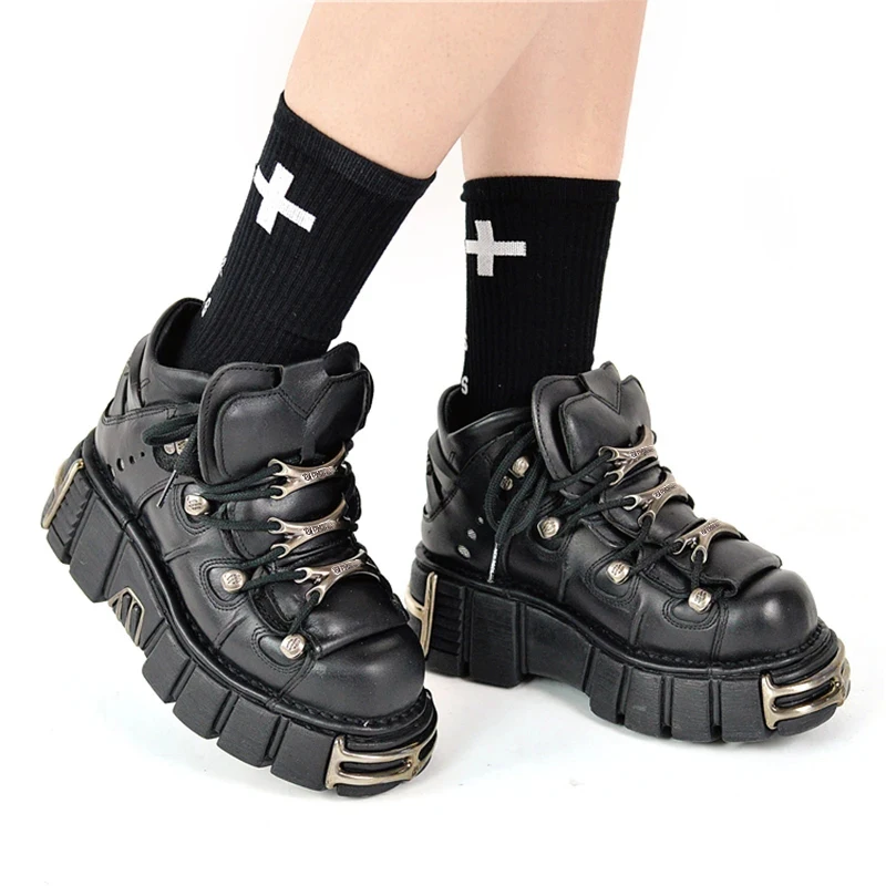 2023 New Brand Punk Style Women Shoes Lace-up heel height 6CM Platform Shoes Woman Rock Boots Metal Decor Woman Sneakers
