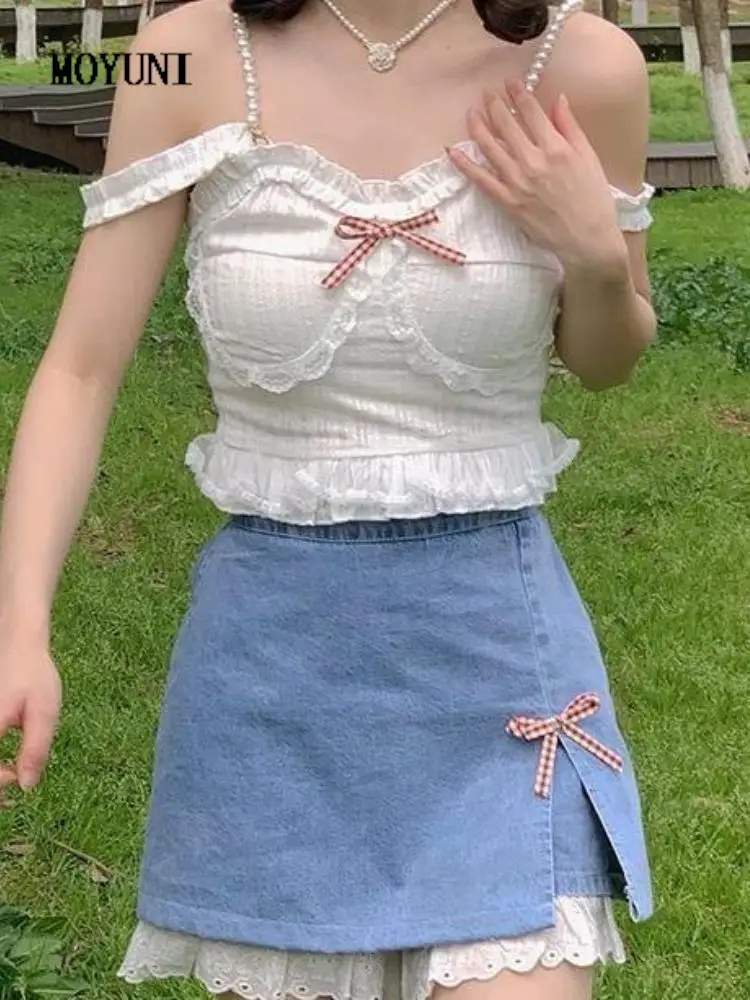 

Милая джинсовая юбка MOYUNI в стиле преппи, кружевная Лоскутная трапециевидная Женская мини-юбка с бантом, милая синяя Мягкая юбка для девушек
