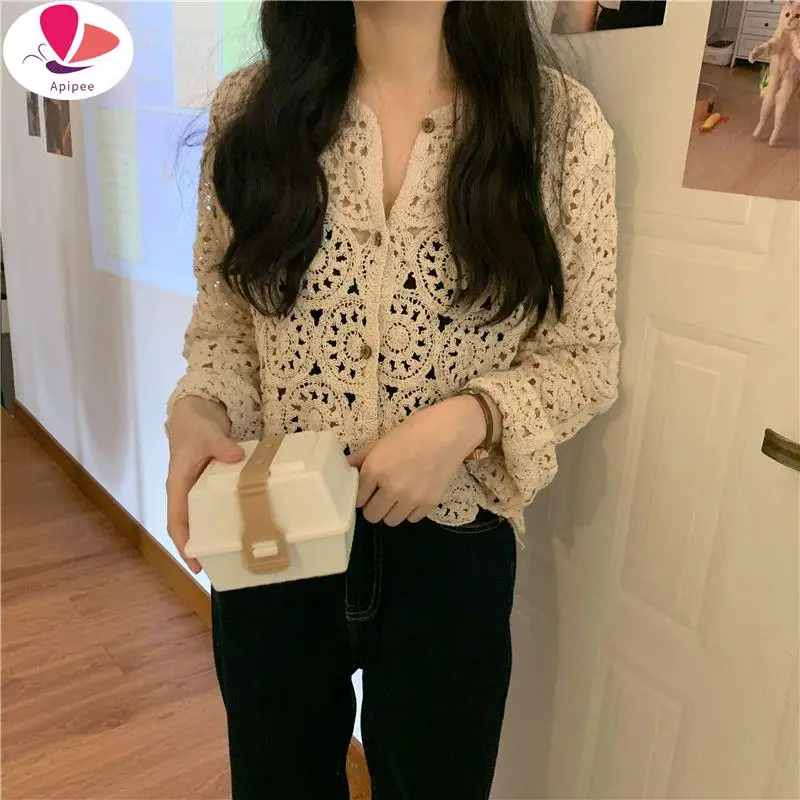 

APIPEE Spring Lace Sweet Korean Lady Chic Blouses Sweet Tops Hollow Out Full Sleeves Hook Flower Stylish Cardigans Vintage Women