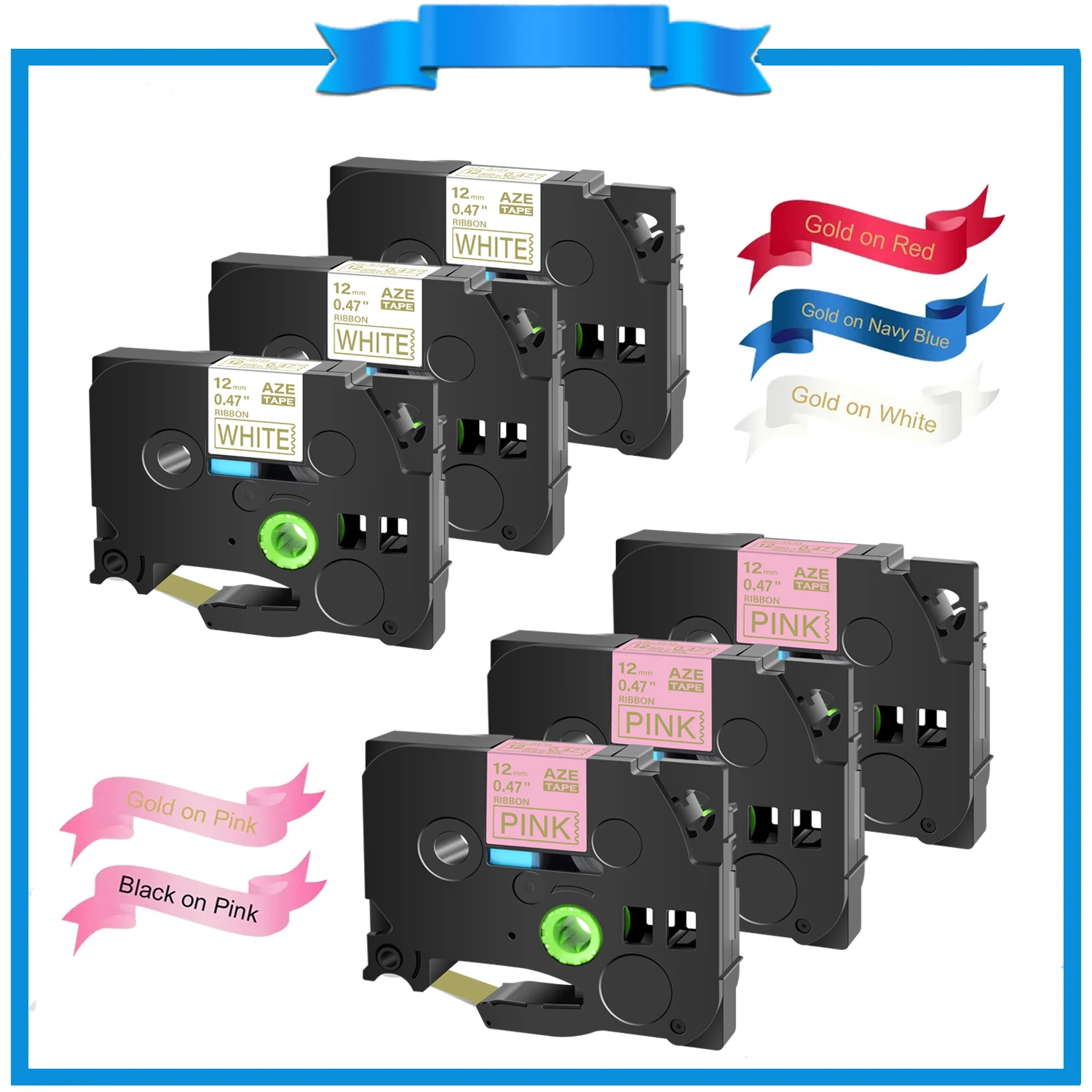 

Атласная лента, 3 шт., 12 мм, совместимая с Brother P-Touch, золотая на белой ленте, Φ RE34 RE31, замена для P-Touch TZe-R234