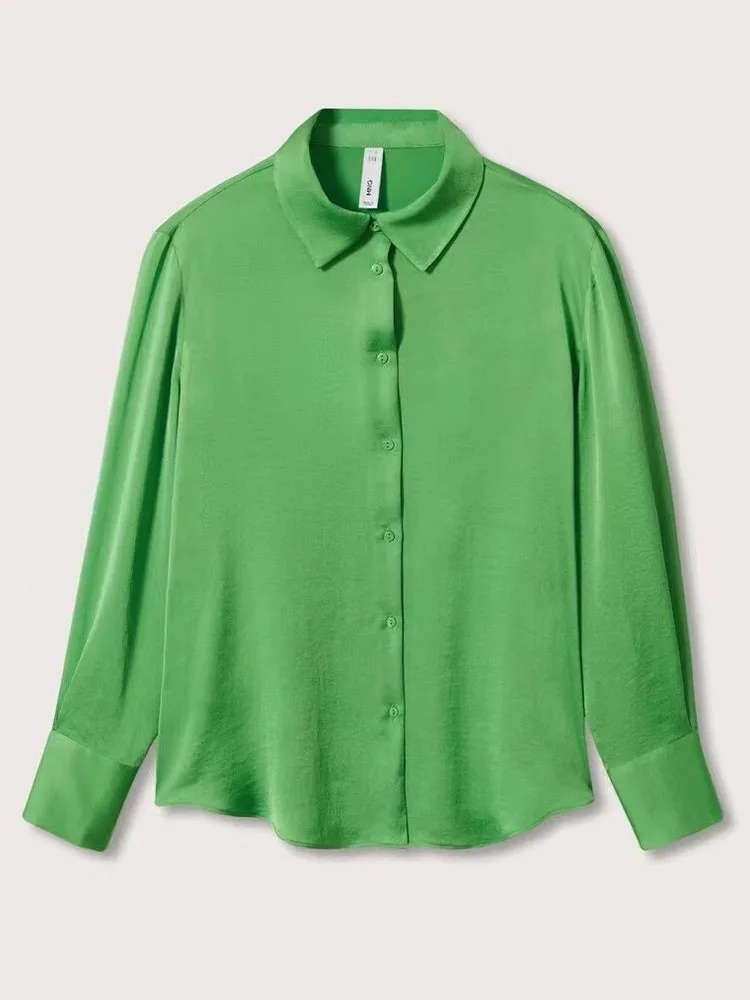 

Zach AiIsa counter quality spring new green temperament wild polo lapel long-sleeved single-breasted drape textured shirt top