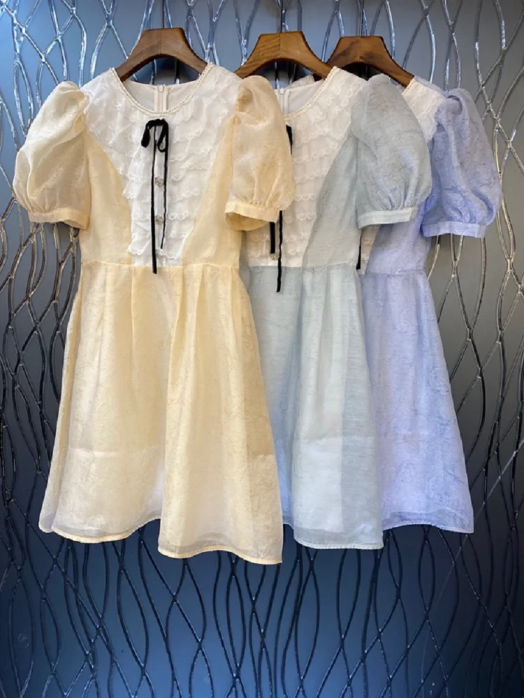 

Женское платье с коротким рукавом, кружевное лоскутное платье абрикосового, синего, фиолетового цветов с пуговицами и бисером, лето 2022