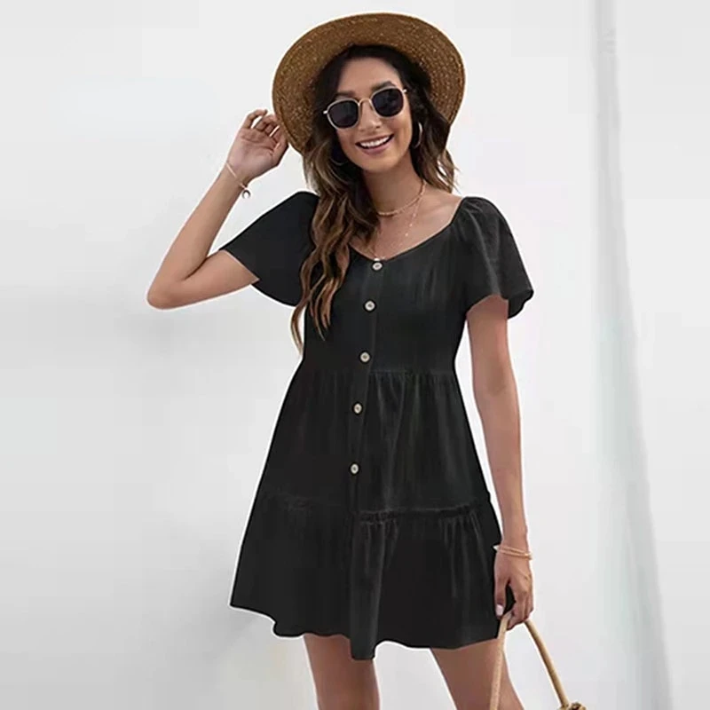 

Summer New Women's Simple Fashion Sexy Loose Solid Color Round Neck Button Pleated Lotus Leaf Sleeve Dress 2022