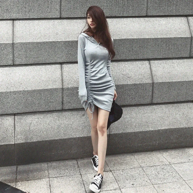 

Women Fall Fashion Sheath Dress Sexy Drawstrings Solid Hooded Bodycon Dresses Female Slim Long Sleeve Gray Dress Tide Streetwear