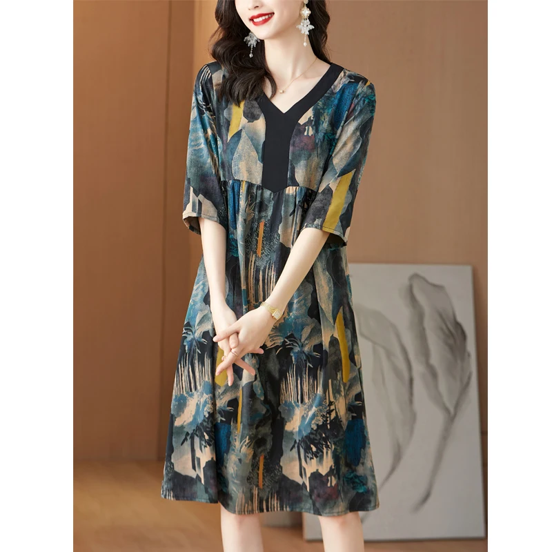 Special Promotion Silk Printing V-neck Ladies Dress 2022 Summer New Large Size Loose And Thin Casual Long Skirt Elegant Party |