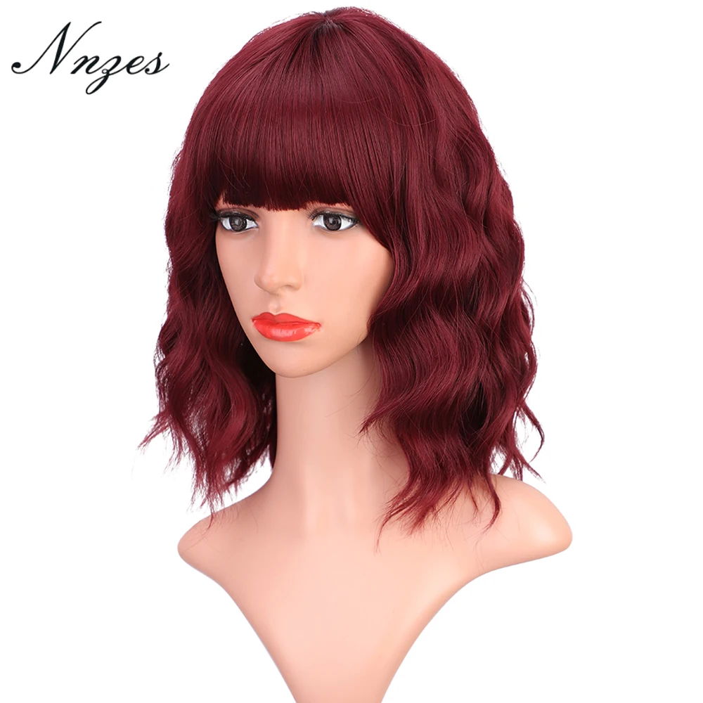 

Nnzes Synthetic Short Wavy Wigs With Bangs Wine Red Bob Wig for Black Women Burgundy Halloween Cosplay Wig Hair Daily Party Use