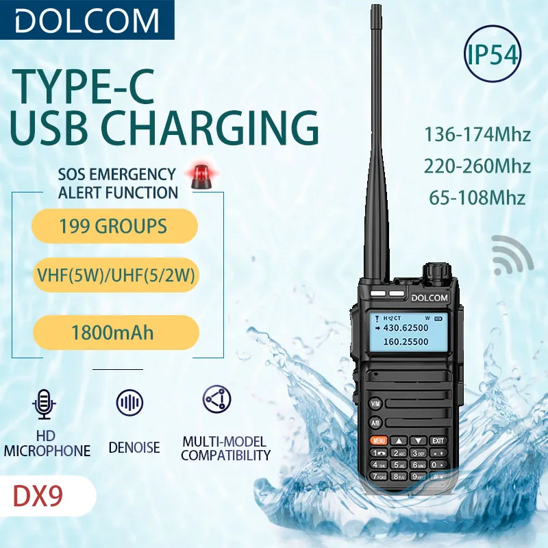 DOLCOM Walkie Talkie Ham Two-way Radio Stations Long Range Walkie-talkies Profesional UHF VHF USB Type C Charger 5W GMRS