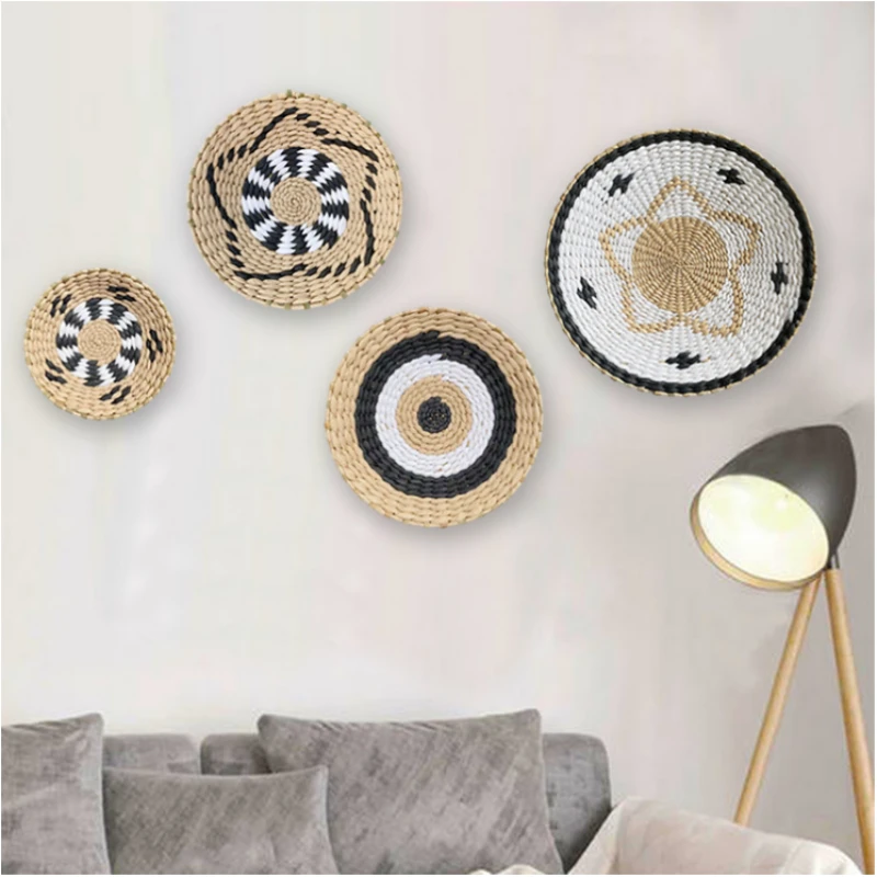 

Moroccan Creative Combination Wall Hanging Plate Rattan Grass Weaving Dishes for Home Decor Livingroom Bedroom Background Decor