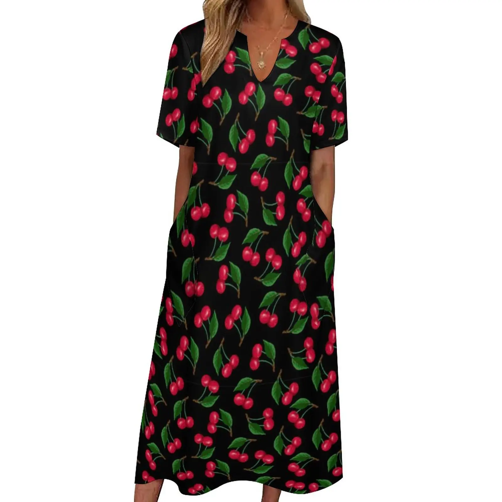 

Cute Fruit Dress Summer Red Watercolor Cherries Aesthetic Casual Long Dresses Womens Vintage Maxi Dress Birthday Gift
