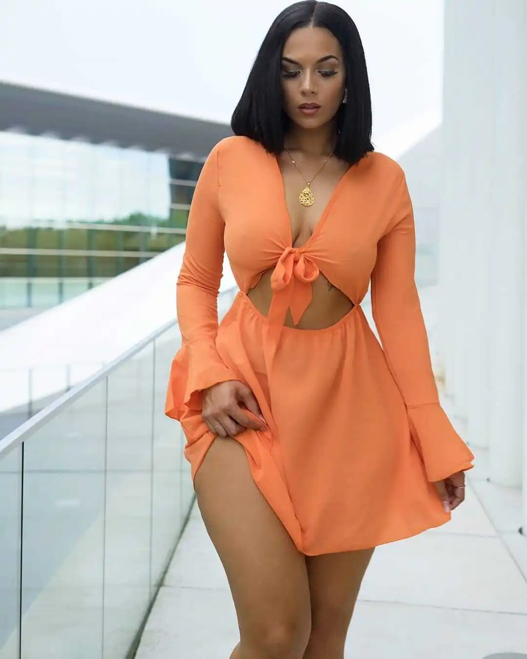 

PLSW Dresses Women Fashion Beach Style Solid V-neck Midriff Women Mini Dress