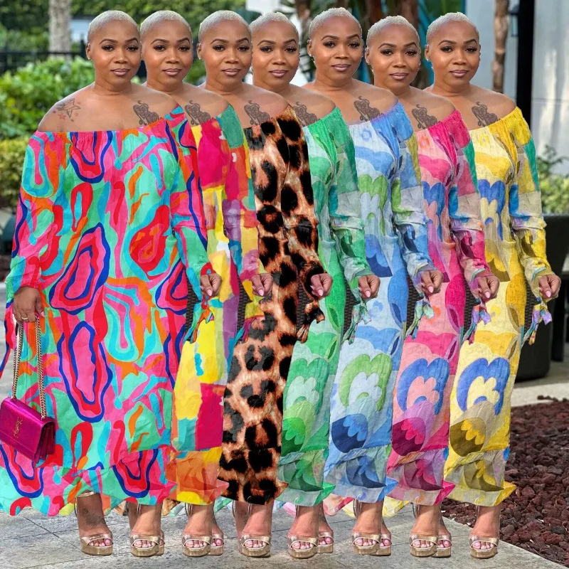 

Temperament Fresh Spring Autumn Women's Clothing Sexy Slim-Fit Printed Dress Off-Neck Casual Popular