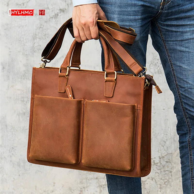 Crazy Horse Leather Men's Bag Men Real-Leather Crossbody Handbags Large Capacity Retro First Layer Cowhide Computer Briefcase