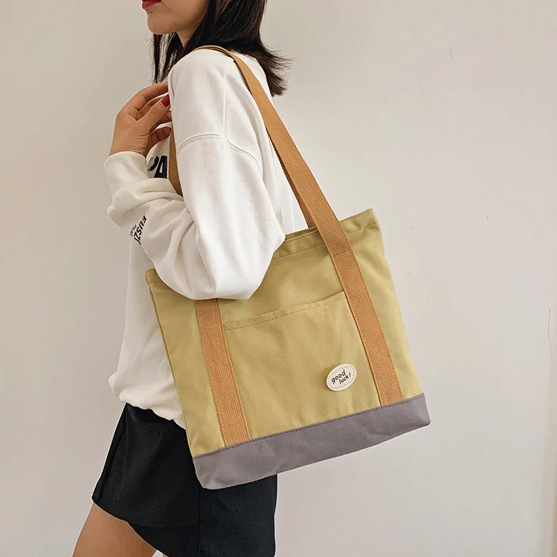 

Fashion Contrast Color Canvas Tote Bag Female Large Capacity Shoulder Bag Daily Shopping Bag Student Bookbag Portable Cloth Bag