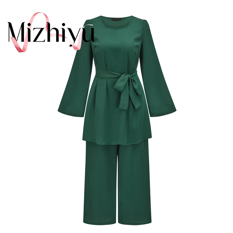 

Two Piece Spring Summer Casual Sportswear Ladies Flared Sleeve Top + Pants Sportswear Ladies Sports Belt Suit Long Shirt Suit XL