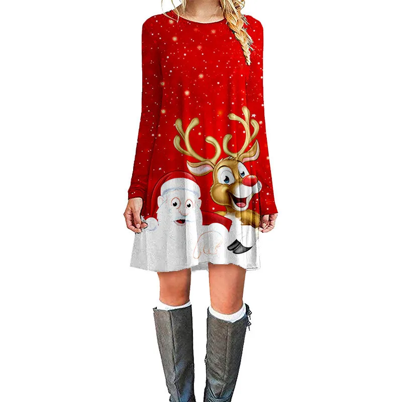 

Women's 3D Deer Print Skirt, Christmas Red Long Sleeve Round Neck Dress