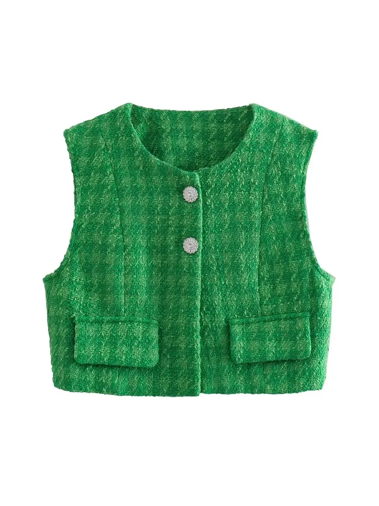 

SLMD 2022 Women Green Plaid Tweed Cropped Vest Female Fashion Jewelry Button Pockets O-Neck Waistcoats