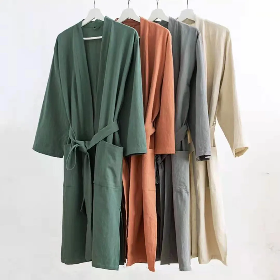 

Kaftan Kimono Home Lovers Loose 30%linen Gown Japanese Men's Sleeprobe Solid Robe Women's Simple Clothes Bathrobes 70%cotton