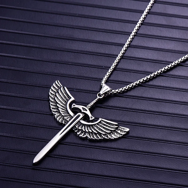 

New Hip-Hop Rock Personality Creative Male Necklace Sword Wings Cross Pendant Creative Jewelry Accessories