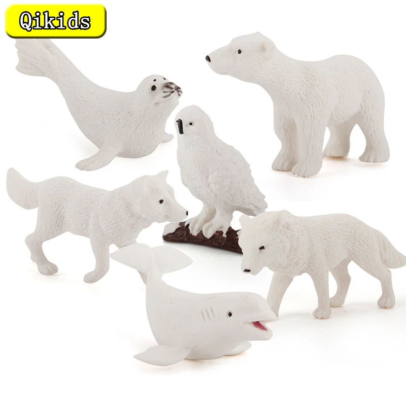 

New 6Pcs/Set Simulation Polar Animals Figures Penguins Polar Bear Snowy Owl Beluga Dolphin Wolf Model Figurine Toy for Kids Gift
