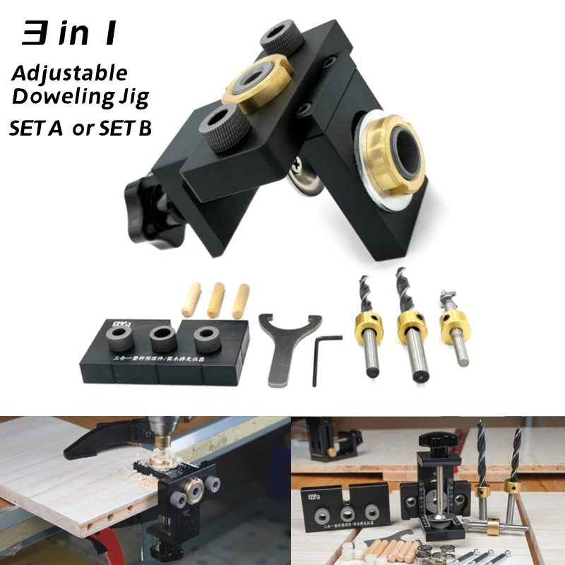 

3 in 1 Adjustable Doweling Jig Woodworking Pocket Hole Jig With 8/15mm Drill Bit For Drilling Guide Locator Puncher Tools