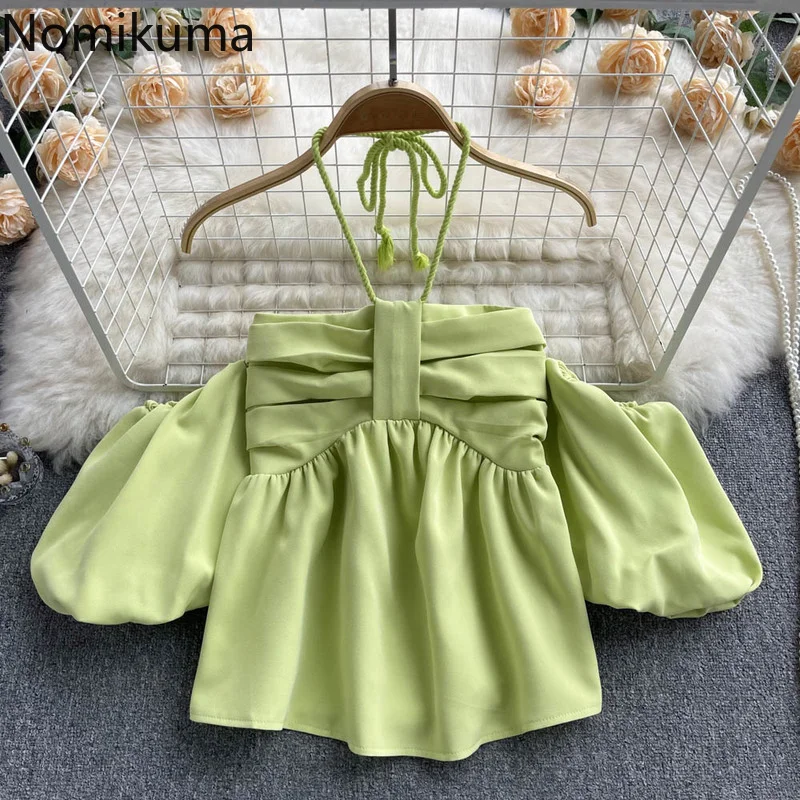 

Nomikuma Roupas Femininas Summer Halter Puff Sleeve Off Shoulder Pleated Blusa Feminina Sweet Elegant Fashion Blouses for Women