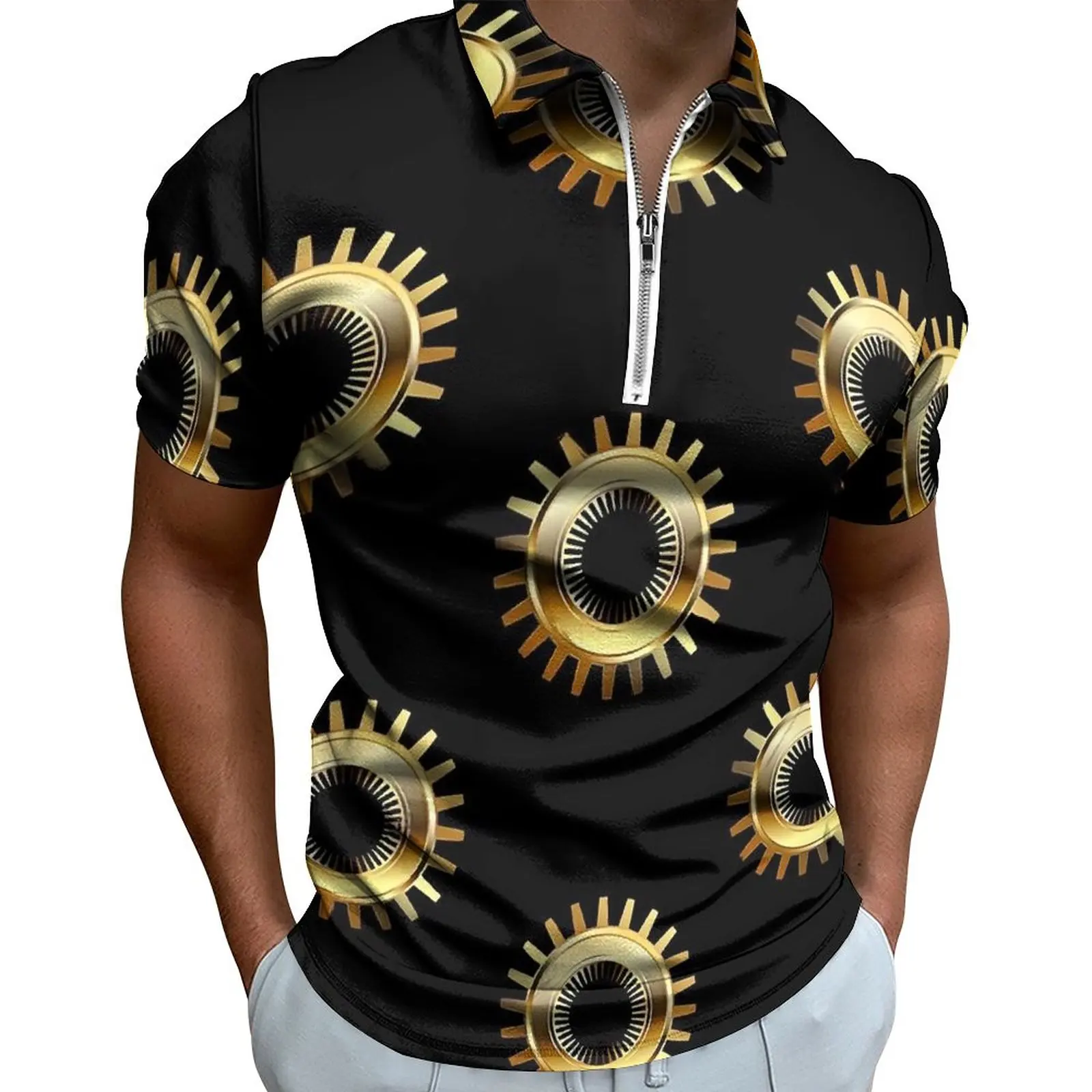 

Steampunk Print Polo Shirts Men Golden Gear Casual Shirt Beach Aesthetic Zipper T-Shirts Short-Sleeved Pattern Oversized Clothes