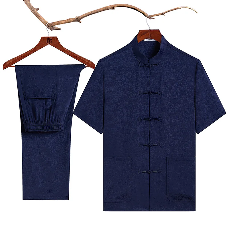 

Males Vintage Mandarin Collar Tang Suit Hand Button With Pocket Men Short Sleeve Casual Hanfu Shirt&Pants With Pocket