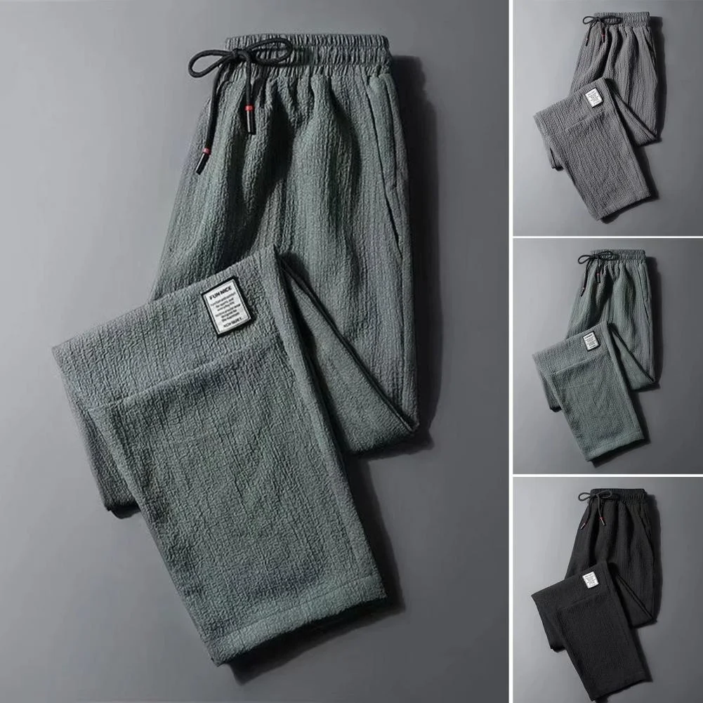 

Men Trousers Join Casual Sweatpants Ice Silk Elastic Waist Drawstrin Summer Mid Waist Pockets Bay Track Strait Pants