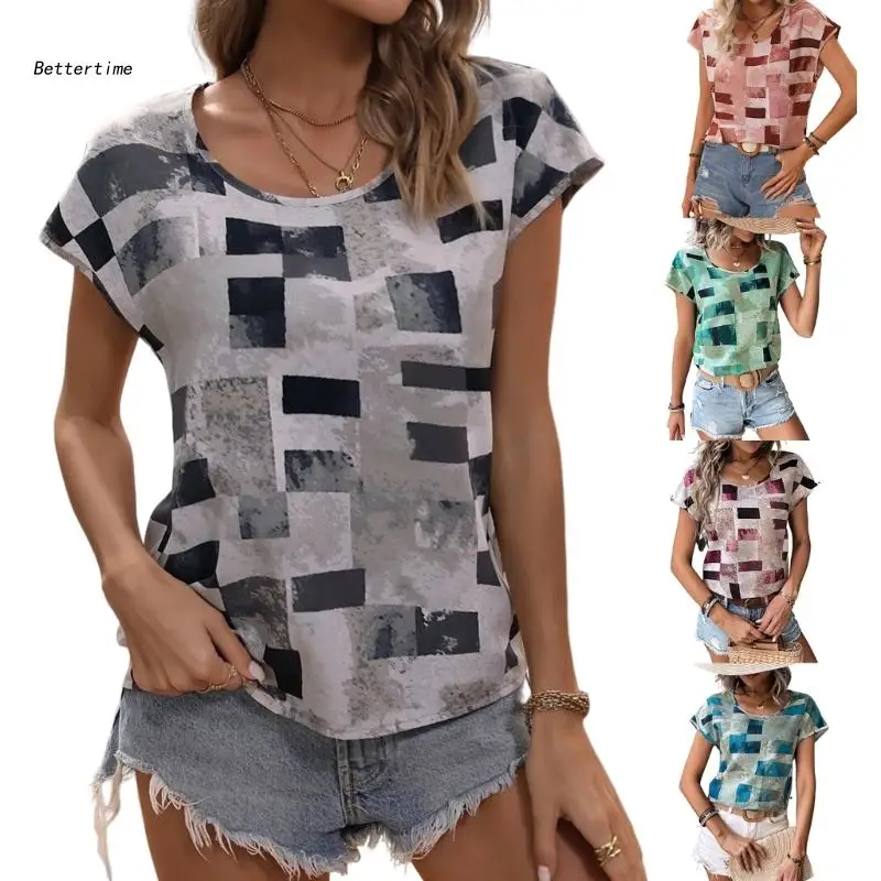 

Женские рубашки с круглым вырезом B36D, повседневные футболки с геометрическим принтом и коротким рукавом, милые свободные строгие летние футболки