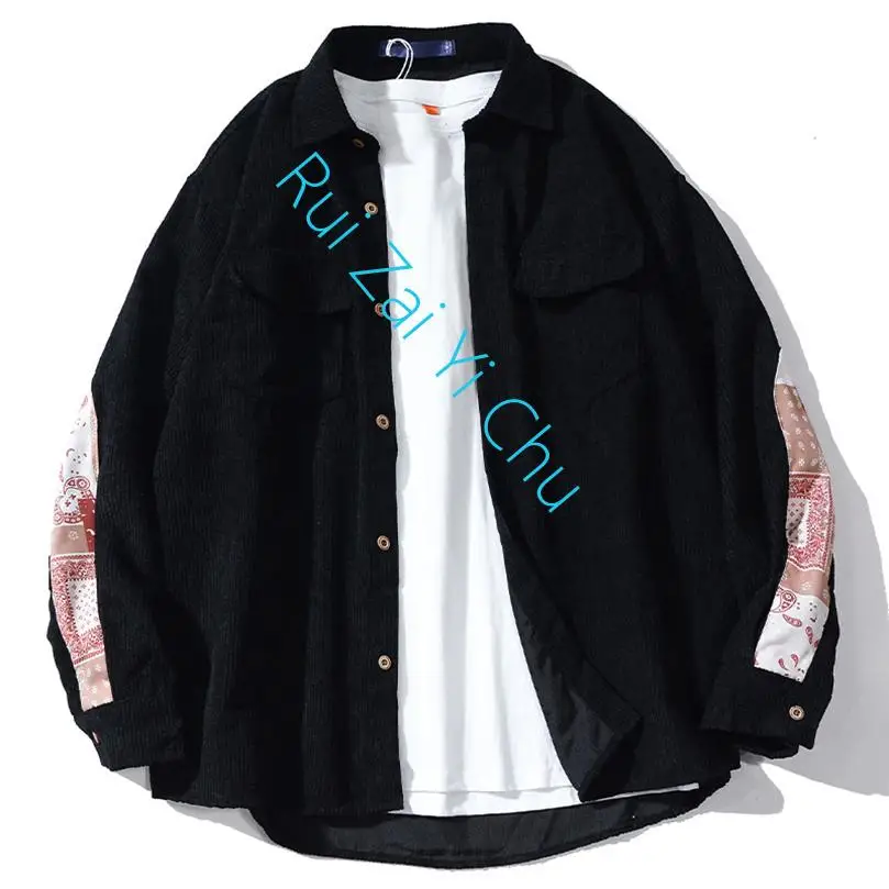 

Men Women Bandana Patchwork Vintage Top Shirt Spring Boys Girls Harajuku Streetwear 2023 Long Sleeve Top Quilted Corduroy Shirts